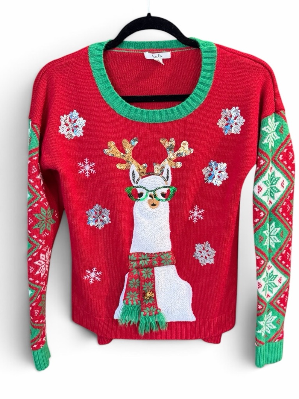 Isela Red Sweater with Green Trim and Festive Llama With Glasses Small